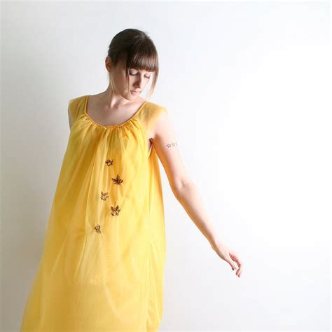 Vintage Bee Nightie Honey Mustard Yellow Babydoll Nightgown