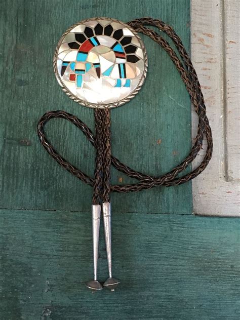 Signed Zuni Sterling Silver Bolo Tie Inlay Favorite Jewelry Native