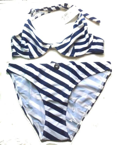 Navy White Nautical Striped Halter Bikini Swimsuit 36cd Top Large