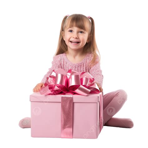 Cute Little Girl Sitting With A Big Pink Christmas Present Christmas