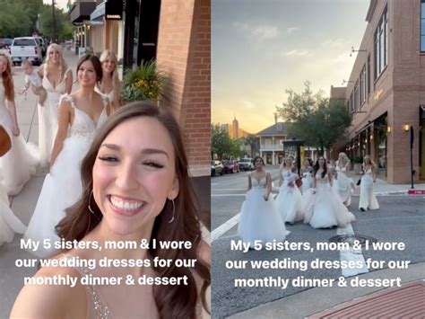 mother and six daughters wear their wedding dresses out to dinner ‘yearly tradition