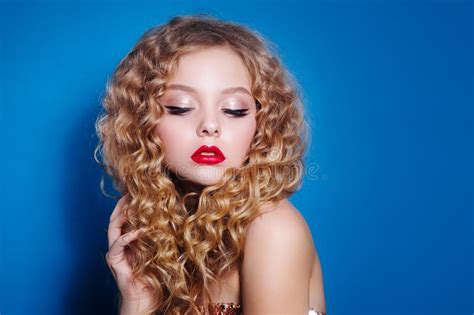Beauty Woman With Curly Hair Afro Hairstyle And Red Lips On Classic