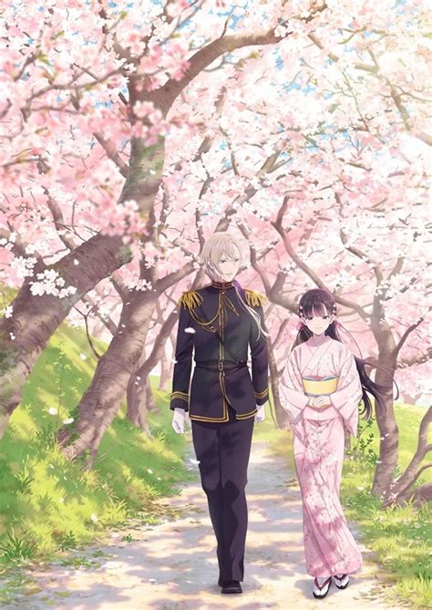 My Happy Marriage Key Visual Has Miyo Saimori And Kiyoka Kudo On A Sakura Covered Walk Loving