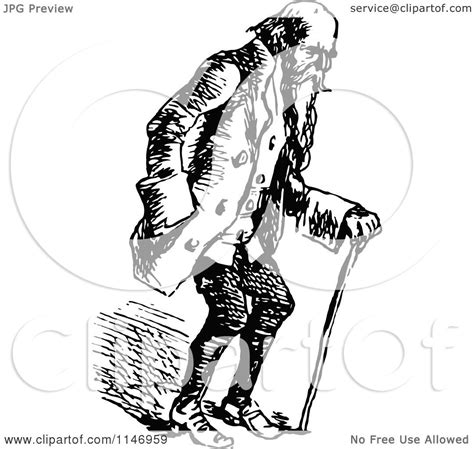 Clipart Of A Retro Vintage Black And White Old Man Using A Cane