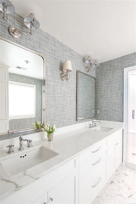 White Bathroom With Gray Textured Wallpaper Transitional Bathroom