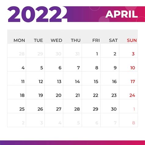 Calendario Abril 2022 Vector Premium