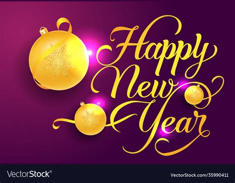 Happy New Year Postcard Design Yellow Baubles Vector Image
