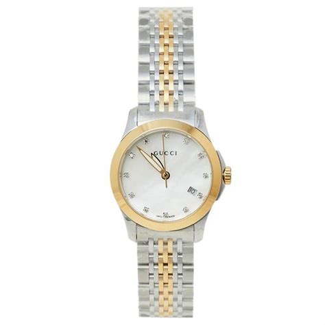 Gucci Mother Of Pearl Two Tone Stainless Steel Diamond G Timeless