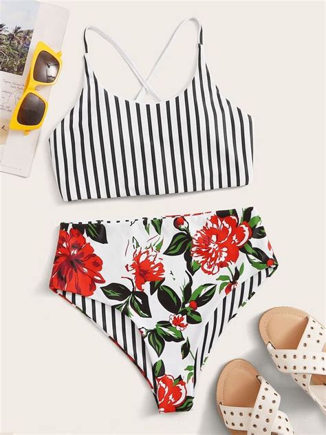 Striped Lace Up Top With Floral High Waist Bikini Set Shein Usa In