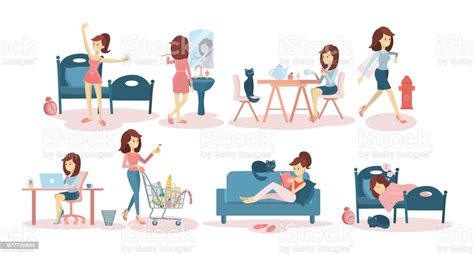 Womans Daily Routine At Home Stock Illustration Download Image Now