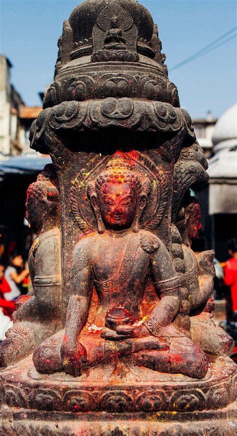Vermillion Covered Statues Of Buddha In Kathmandu Nepal By Shikhar