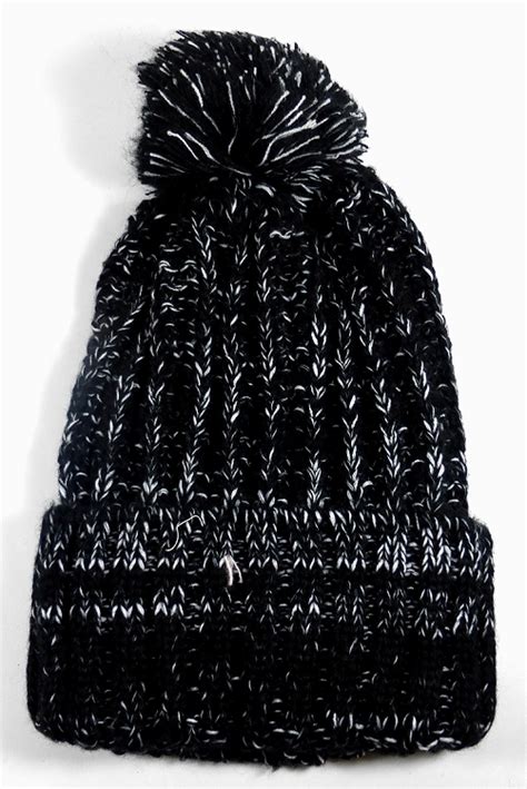 Wholesale Long Cuff Knit Pom Pom Beanie Hats Mixed Threads Black