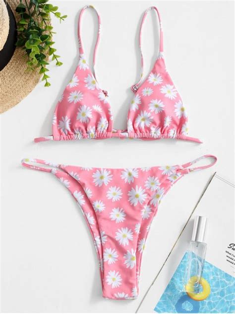 Off Zaful Daisy Print String Bikini Swimsuit In Multi A Zaful