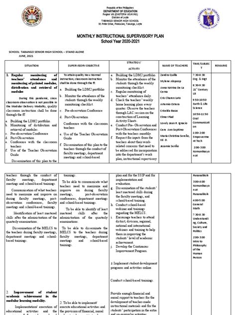 June Instructional Supervisory Plan 2020 21 Pdf Schools Teachers