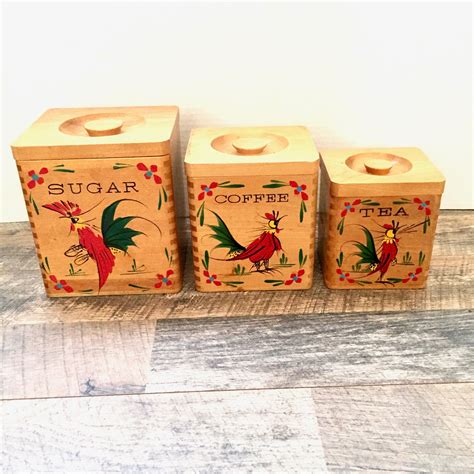 Vintage Wooden Canister Set With Hand Painted Roosters Farm Etsy Uk
