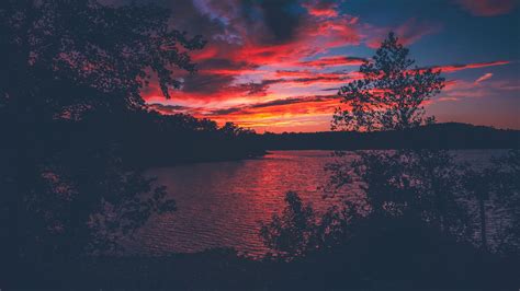 2560x1440 Red Evening Sunset Lake View From Forest Woods 1440p