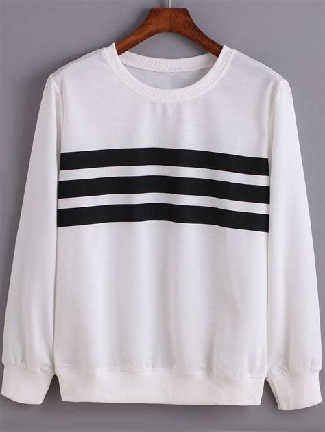 White Black Round Neck Striped Sweatshirt Sheinsheinside