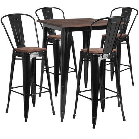 Flash Furniture 315 Square Black Metal Bar Table Set With Wood Top