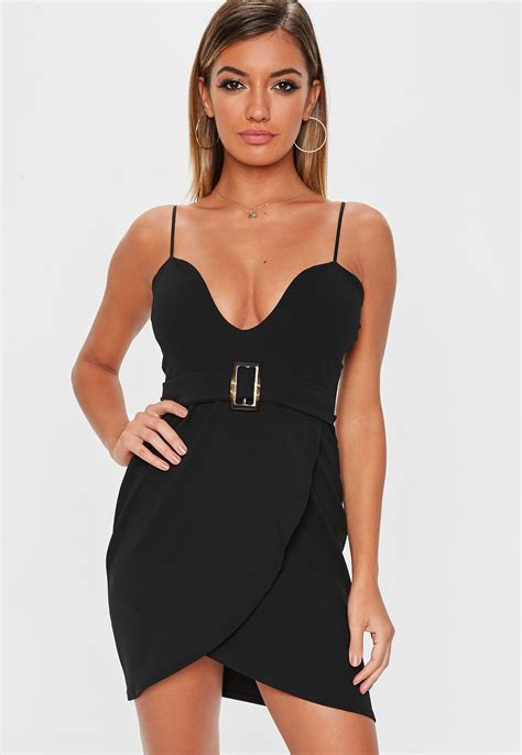 Black Strappy Plunge Belted Mini Dress Missguided