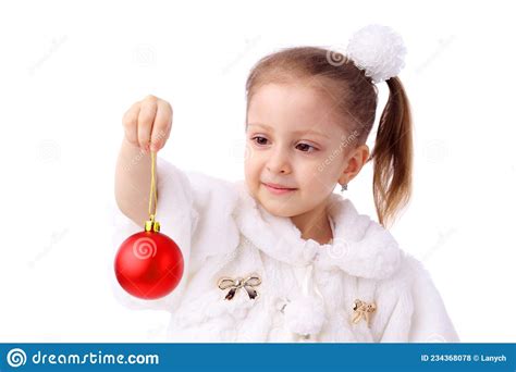Cute Little Girl With Red New Year Balls Stock Photo Image Of