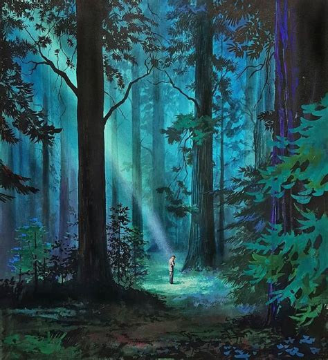 A Painting Of A Person Standing In The Middle Of A Forest With Sunlight