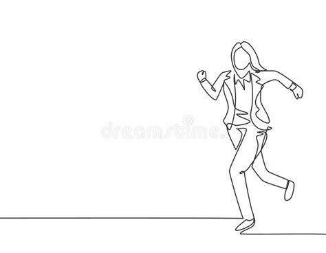 Single Continuous Single Line Drawing Of Young Woman Urban Commuter Worker Running In Rush At