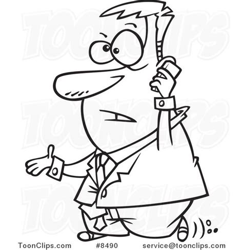 Cartoon Black And White Line Drawing Of A Walking Business Man Talking