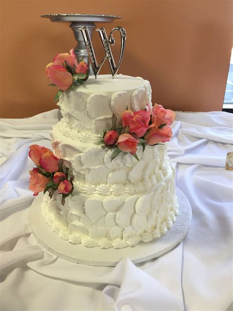 Stucco 3 Tier Wedding Cake With Silk Flowers Cake