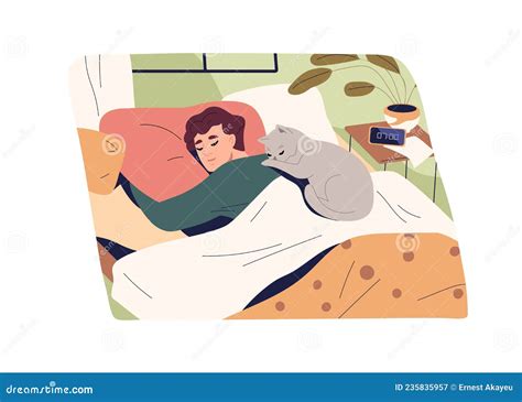 Morning Sleep Of Man With Cute Cat Asleep And Lying On Him Person