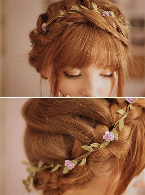 Fishtail braid with small white and light pink flowers. Cute Flower Braided Updo with Rosebud Band - Hairstyles Weekly