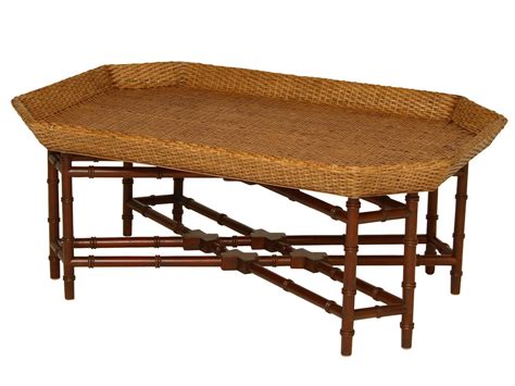 Farmhouse style wood and rattan coffee table in round shape, brown. Rattan Coffee Table Design Images Photos Pictures