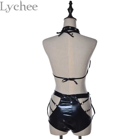 punk night club style vinyl pvc women skinny bandage bra shorts costume rivet collar halter sexy