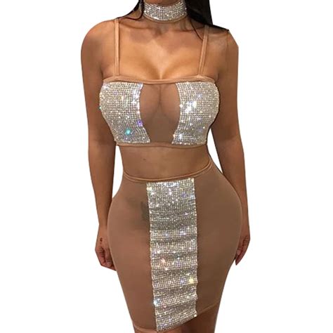 2018 sequins splice perspective set dress sexy metal crystal diamond luxury nightclub party