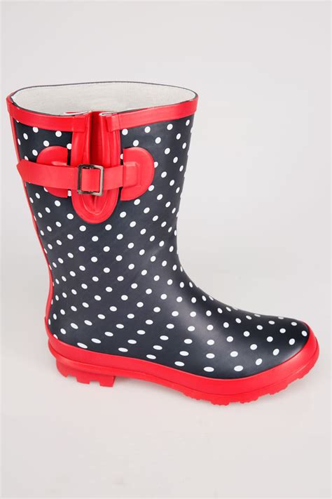 Navy And White Polka Dot Wellington Boots With Red Trims In Eee Fit