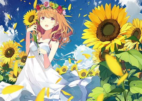 Download 1280x1024 Anime Girl Summer Dress Sunflowers White Dress