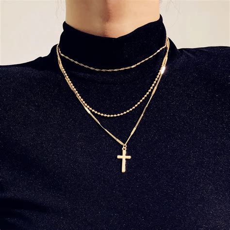 Ins Style Pretty Dainty Layered Choker Necklaces Cross Pendant