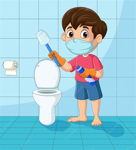 Niño De Dibujos Animados Limpiando El Baño Vector Premium