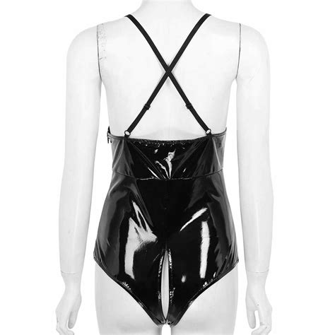 Womens Crotchless Swimsuit Wet Look Leather Shiny Swimwear One Piece