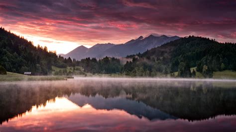 Dawn Landscape Nature Mountains Forest Lake Morning Fog Wallpaper