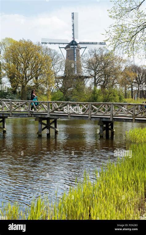 Netherlands Southern Holland Province Leiden Molen De Valk In Leiden Park And Small Bridge