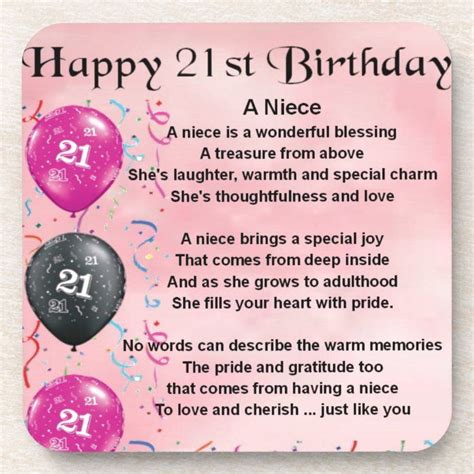 Niece Poem 21st Birthday Drink Coaster Gender Unisex Age Group Adult Happy 21st Birthday