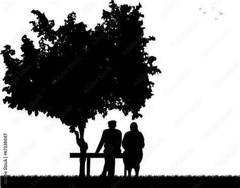 Very Old Couple Sitting On Bench In Park Silhouette Stock Vector