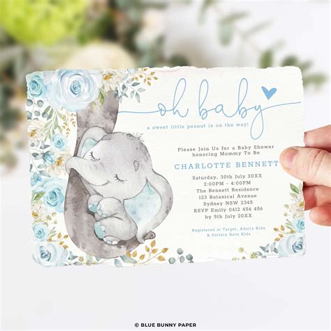 Boy Elephant Baby Shower Invitation Template Editable Blue Etsy