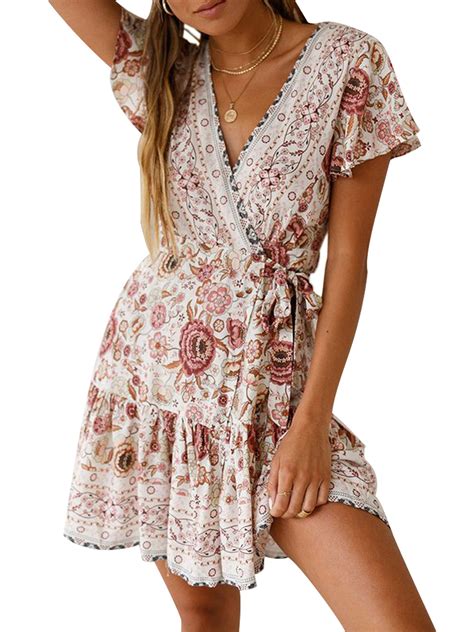 HiMONE Fashion Women Short Sleeve Boho Floral Mini Dress V Neck