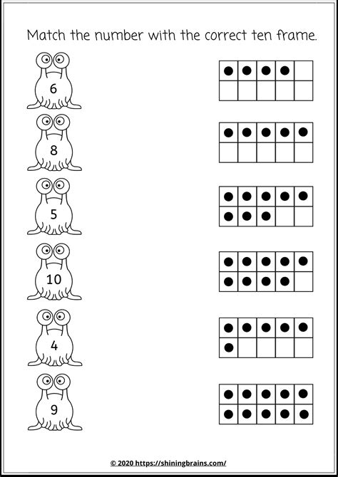 Matching Numbers And 10 Frames Worksheets