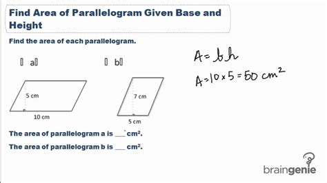 Parallelogram is a type of polygon, whose opposite sides are parallel to each other. 13-2 Find area of parallelogram Given base and height ...