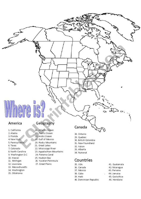 North America Review Map Esl Worksheet By Psyke117