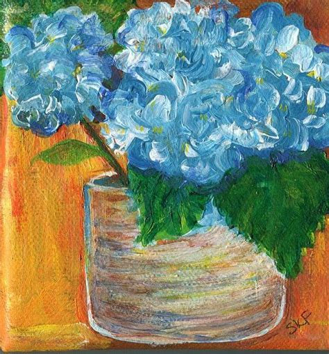 Blue Hydrang In Vase Small Original Canvas By Sharonfosterart