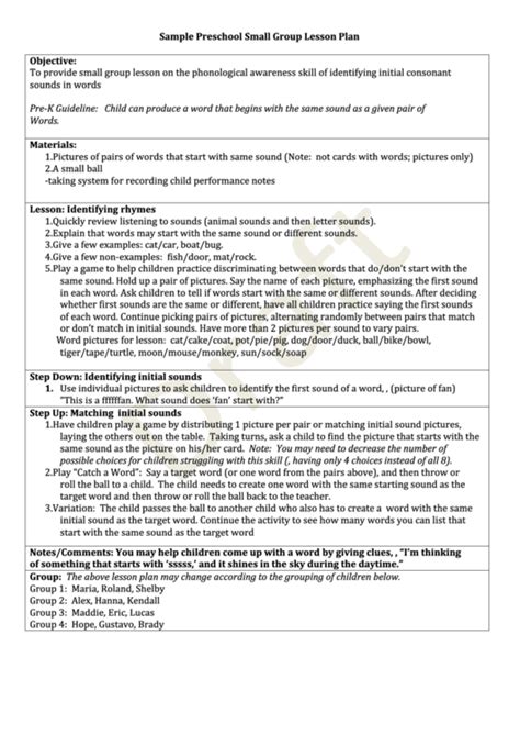 Sample Preschool Small Group Lesson Plan Objective Printable Pdf Download