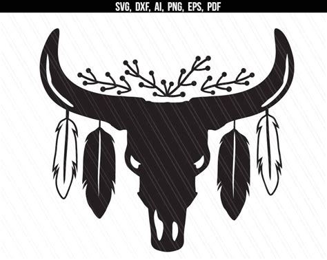 Cow Skull With Feathers Svg Dxf Bull Skull Feathers Svg Cow Etsy